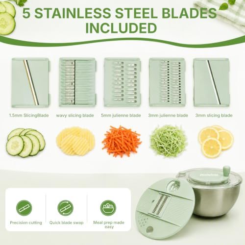 Stainless Steel Salad Spinner 4.25qt, One‑touch Stop Button & Non‑slip Base, Vegetable Dryer Bowl with 5‑blade Slicer & Egg Yolk Strainer for Kitchen Party Use - Image 4