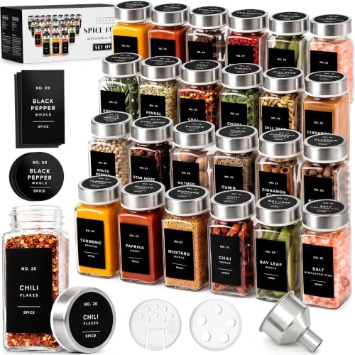 Glass Spice Jars with Label, 24x Stainless Steel Lids