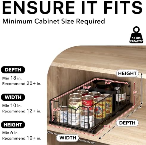 Pull-Out Cabinet Sliding Basket, 17.2Dx9.7Wx5H, Black