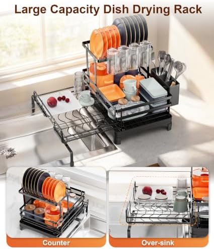 2-Tier Expandable Dish Drying Rack for Counter and Over Sink