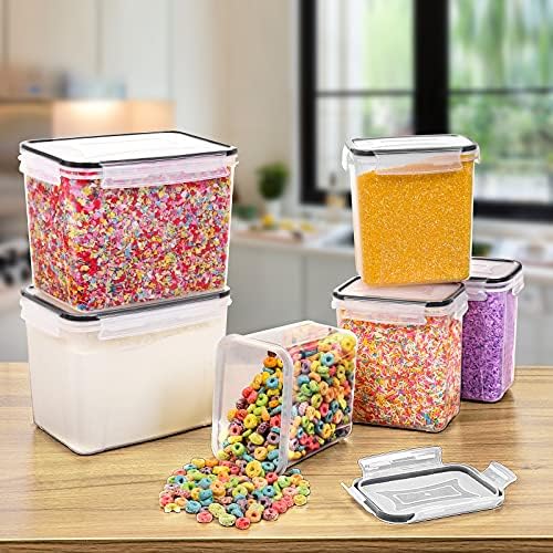 Airtight Food Storage Containers Cereal & Dry Food Storage Container Set of 6(Black Lid), Leak-proof & BPA Free, With 1 Measuring Cup & 20 Chalkboard Labels & 1 Chalk Marker