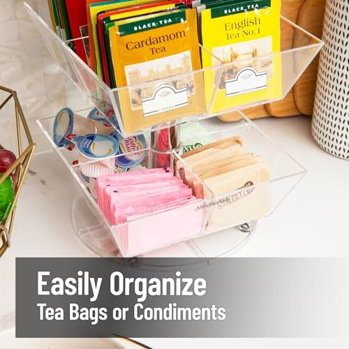 Tea Bag Carousel, 3 Tier Clear Acrylic Organizer with 12 Compartments, 360° Rotating Tea Station for Countertop Storage