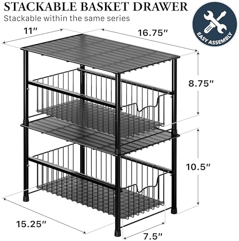 Wired Stackable Under Sink Cabinet Sliding Basket, Black