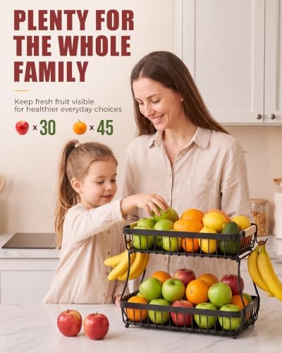 2-Tier Fruit Basket with Banana Hangers, Detachable Metal Bowl