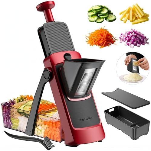 SUPMAKIN Safe Mandoline Slicer, Adjustable Vegetable Food Slicer and Chopper, Potato Fries Fry Cutter, Veggie Salad Chopper, New Kitchen Chopping Artifact Gifts (4V RED) by SafeMandolineSlicerChopper