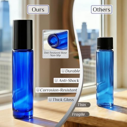 PrettyCare 10 ml 4 Pack Essential Oil Roller Bottles with Stainless Steel Roller Ball - Refillable Leak-proof Empty Thick Blue Glass Roll on Bottles with Black Caps for Travel, Perfume - Image 6
