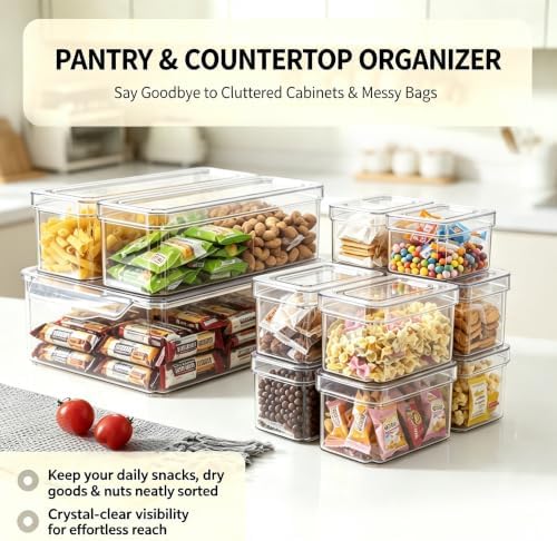10 Pack Food Storage Organizer Bins, Clear Pantry Containers with Lids