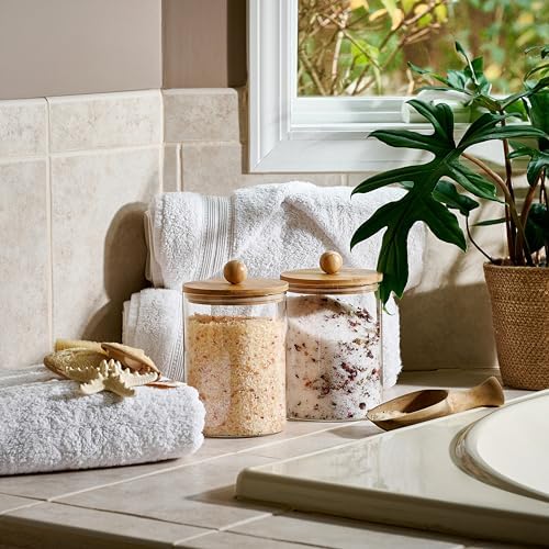Set of 2 Glass Canisters for Kitchen Counter with Airtight Bamboo Lids + Marker & Labels - 68oz. Large Cookie Jars Wooden Lid, Food Storage Containers Pantry, Flour, Sugar, Pasta, Candy.