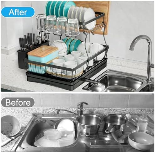 2-Tier Large Dish Drying Rack for Kitchen Counter, Black