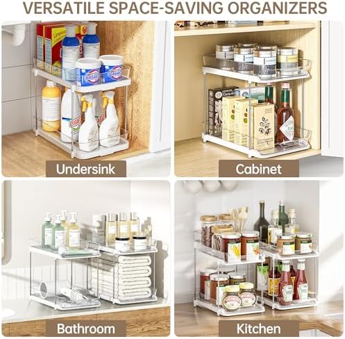 2-Tier Multi-Purpose Bathroom Under Sink Organizers and Storage, Stackable Kitchen Pantry Organization, Pull Out Medicine Cabinet Organizer with Movable Dividers, White, 1 Pack