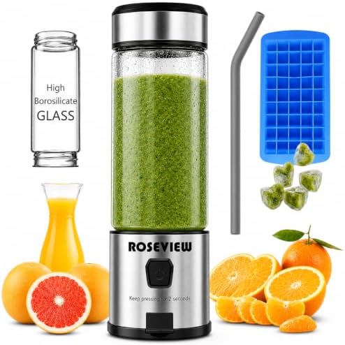 Portable Smoothie Blender ROSEVIEW Glass Cordless Mini Shakes Cup blend for smoothies USB rechargeable juicer 2 battery Handheld Personal travel Jet mixer (Black Steel) by BlendingDrinkingSmoothiesinaGlassBottle