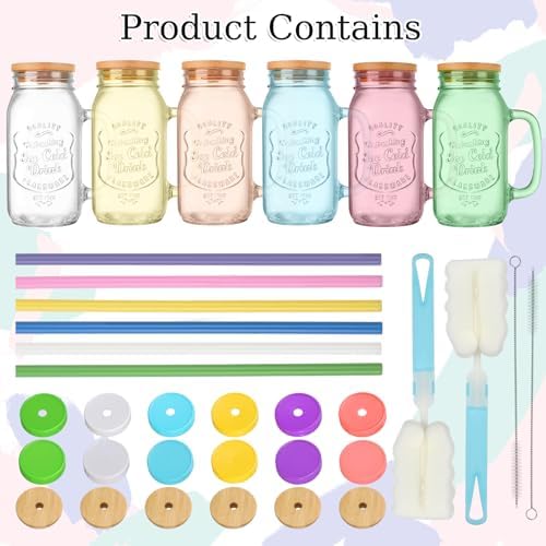 Mason Jars with Handle Colorful Drinking Glasses with Lids Straws
