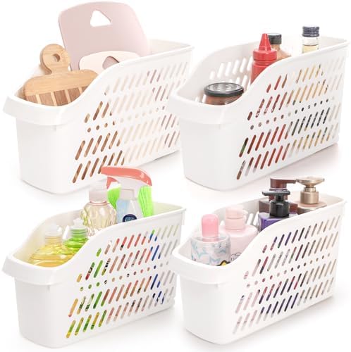 4 Pack Plastic Under Sink Organizer with Wheels, Roll Out Bottle Organization Bins Narrow Kitchen Cabinet Organizers Multifunctional Plastic Organizer Basket for Under Sink, Kitchen, Bathroom