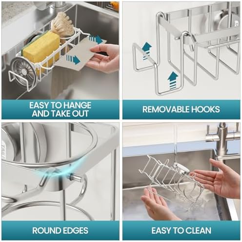 4-in-1 Sink Sponge Holder for Kitchen with Strong Suction Cup-Silver