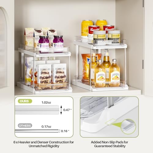 2-Tier Bathroom Under Sink Organizers and Storage, Pull Out Cabinet Drawers with Anti-Slip Design, Multi-Purpose Storage for Kitchen, Pantry, Bathroom & Home Organization, White, 4 Pack