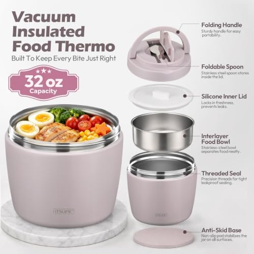 32oz Insulated Soup Thermo, Vacuum Stainless Steel Food Jar for Hot & Cold Food, Leakproof Wide Mouth Lunch Container with Spoon, Light Purple