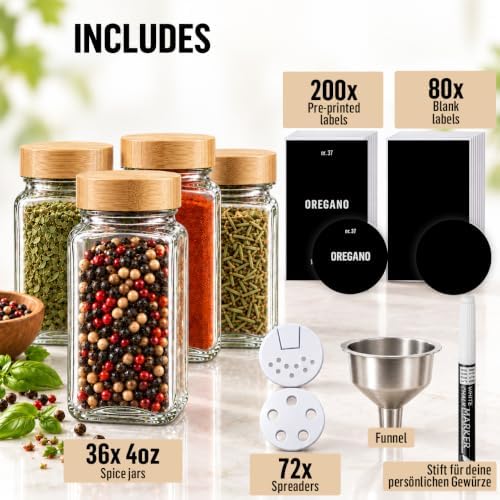 Spice Jars with Bamboo lids 36 x 4oz - Seasoning Jars +280 Labels