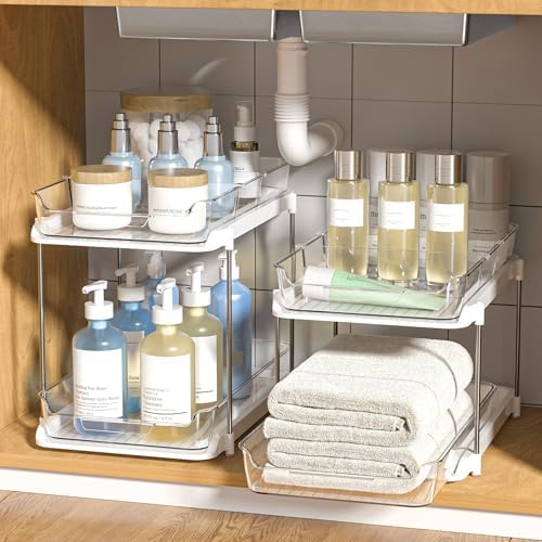 2-Tier Multi-Purpose Bathroom Under Sink Organizers and Storage, Stackable Kitchen Pantry Organization, Pull Out Medicine Cabinet Organizer with Movable Dividers, White, 4Pack