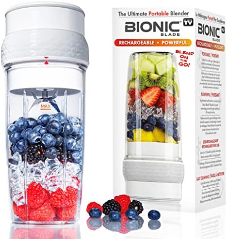 Bionic Blade Mini Portable Blender Juicer Bottle 26.5 oz, BPA-Free - Cordless & Rechargeable, Travel-Friendly Size for Smoothies, Shakes, Juices, Home & Kitchen Essentials, White, As Seen on TV by BellHowell