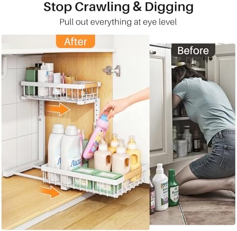 Under Sink Organizer, Adjustable Height, 2 Tier Pull Out Under Cabinet Organizer, Slide Out Thickened Metal Under Sink Storage for Kitchen Bathroom Laundry Pantry Cabinet, White, Large-1-Pack