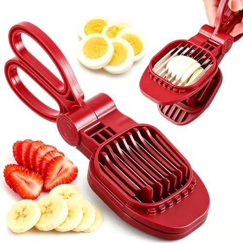 Fruit Slicer, Egg Slicer for Hard Boiled Eggs, Fruit Cutter for Strawberry, Banana, Kiwi, Rapid & Safe Slicing Tool,304 Stainless Steel Blades, ABS Material (Red)