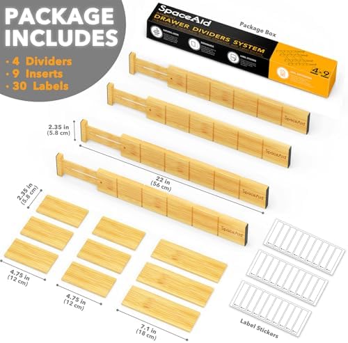 Bamboo Drawer Dividers with Inserts and Labels, Kitchen Adjustable Drawer Organizers, Expandable Organization for Home, Office, Dressers, 4 Dividers with 9 Inserts (17"-22" Natural)