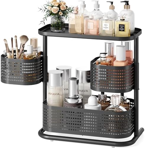 Metal Bathroom Counter Organizer，Rotating Countertop Storage Shelf