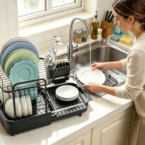 Dish Drying Rack for Kitchen Counter, Large Expandable Dish Drainer