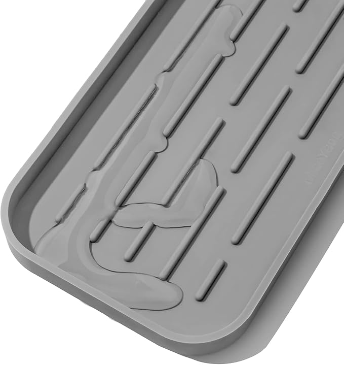 MicoYang Silicone Kitchen Sink Organizer Tray for Multiple Usage,Eco-Friendly Sponges Holder for Kitchen Bathroom Counter or Sink,Dish Soap Dispenser,Scrubber,Bottle,Cup (Grey, 10"×5.3")