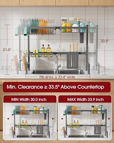 Over The Sink Dish Drying Rack - Adjustable 2 Tier Large Capacity Stainless Steel Drainer with Cutlery & Utensil Holders, Kitchen Storage & Organization, 30"-33.9" L x 11" W x 21.5" H, Gray