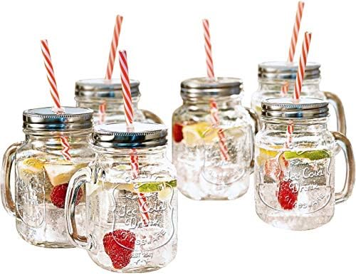 Glass Mason Jars with Handles, Lid and Straw 16 oz | Drinking Glasses Cups Mug Set for Iced Coffee, Tea & Smoothie - Set of 6