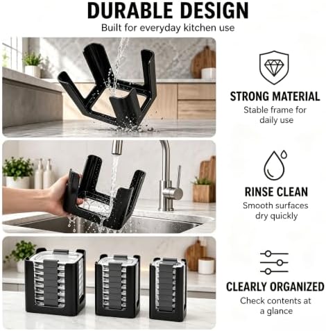 3PCS Lid Organizer, Black Stackable Rack for Rubbermaid Brilliance