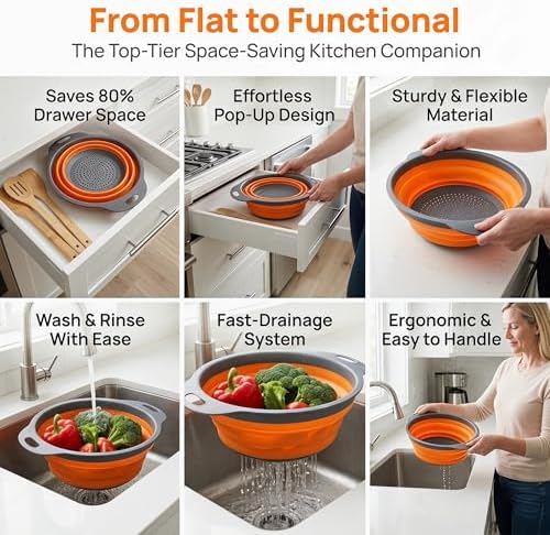 3-Piece Collapsible Colander Set, 2/4/6 Qt With Handles（Orange）