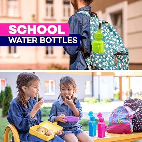 Bulk Water Sports Bottles for Kids 18 oz - 12 Pack Squeeze Reusable Plastic, Neon Colors, BPA Free, Water Bottles Party Favor Gift Giveaways, School Water Bottles