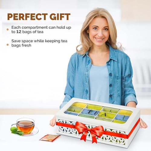 Tea Box Organizer, 12-Slot Wood Tea Bag Storage
