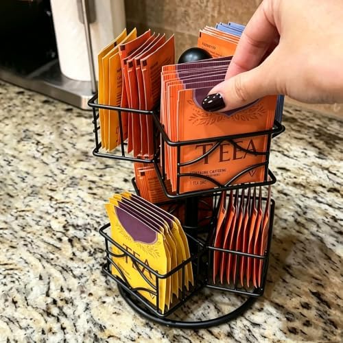 Tea Bag Organizer, 360 Degree Tea Bag Spining Carousel Organizer with 6 Compartments, Lazy Susan Sugar Coffee Creamer Caddy for Kitchen Counter Cabinet Organizer, Up to 60 Tea Bags Storage