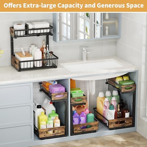 2 Pack Metal Under Sink Organizer with Sliding Drawer, Black