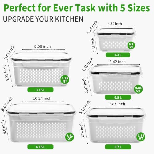 Fruit Storage Containers for Fridge with Removable Colander, 5-Pack