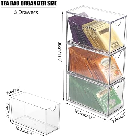 3 Drawers Tea Bag Organizer, Clear Acrylic Stackable Tea Bag Storage Holder for Kitchen Pantry, Coffee Pod Snack Storage for Countertop Cabinet