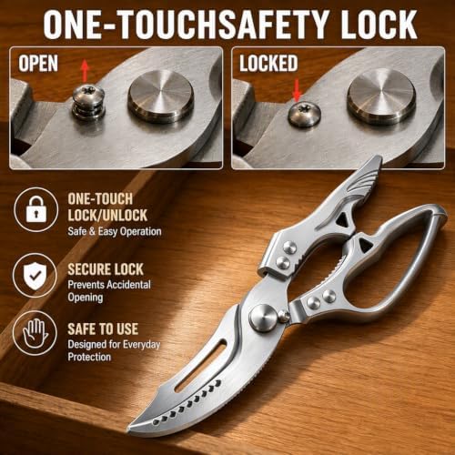Heavy Duty Poultry Shears, Spring-Loaded Kitchen Scissors with Safety Lock