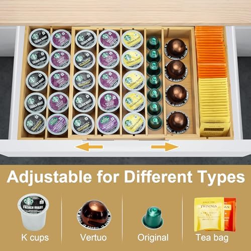 Bamboo K Cup Holder for Drawer or Countertop Coffee Pod Holder Expandable K Cup Pod Storage Tea bag organizer K Cup Storage for Coffee Station Home Office and Kitchen, Natural