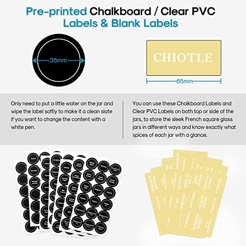 14 Pcs Glass Spice Jars with Spice Labels - 4oz Empty Square Spice Bottles - Shaker Lids and Airtight Metal Caps - Chalk Marker and Silicone Collapsible Funnel Included
