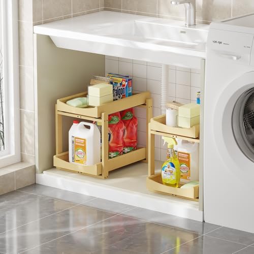 Bamboo Under Sink Organizer Adjustable Height 2 Tier Bathroom Organizer