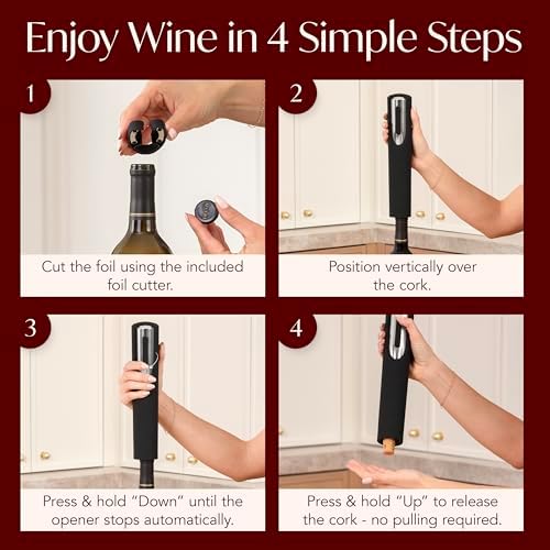 Rechargeable Electric Wine Bottle Opener - Charging Base and Foil Cutter Included with Automatic Wine Opener - Electric Corkscrew for Easy Cork Removal - Best Gift for Wine Lover (Black & Silver)