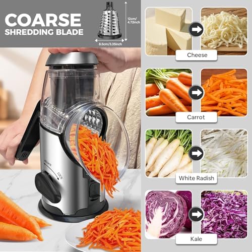 Rotary Cheese Grater with Handle - Vegetable Shredder with 3 Stainless Steel Blades & Strong Suction Base,Round Mandoline Slicer & Food Chopper for Kitchen