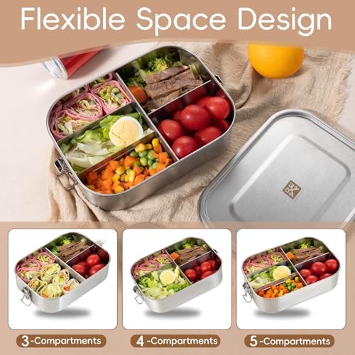 47QZ Stainless Steel Bento Box with 5 Compartments,1400ml Large & Thickened Metal Lunch Box for Kids or Adults,Eco-friendly Leak-Proof Container with Lockable Clips