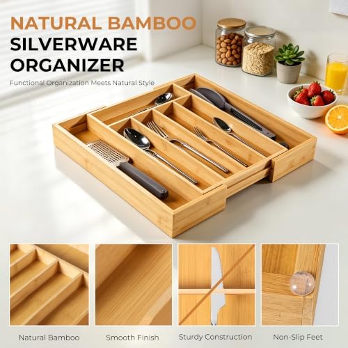 Silverware Organizer Kitchen Drawer Organizer Expandable Bamboo Utensil Holder Cutlery Tray for Kitchen Utensil and Flatware Bedroom Office