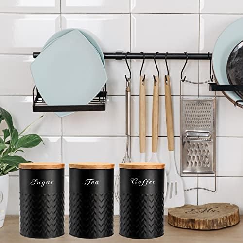 3 Pack Kitchen Canisters with Bamboo Lids, Airtight Metal Canister Set, Food Storage Containers Jars for Coffee, Sugar, Tea, Flour, Rustic Kitchen Decor Containers, Black
