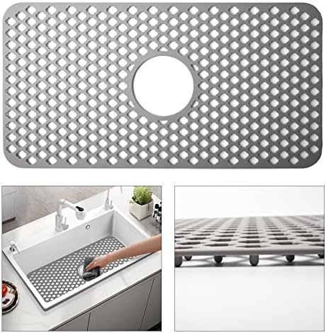 Silicone Sink Mat, 24.6''x 12.9'' Kitchen Sink Protector Grid for Bottom of Center Drain Sink, Gray Non-slip Heat Resistant Liner for Farmhouse Stainless Steel Porcelain Sink