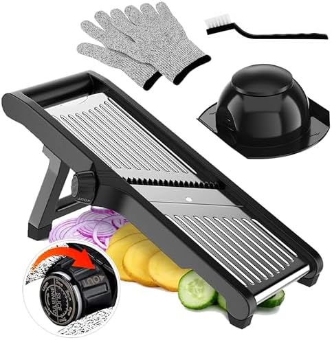 Adjustable Stainless Steel Mandoline Slicer for Kitchen – Sharp & Durable Vegetable and Fruit Cutter with Non-Slip Grip, Safety Gloves, Cleaning Brush – Easy-Clean & Dishwasher-Safe by Unknown
